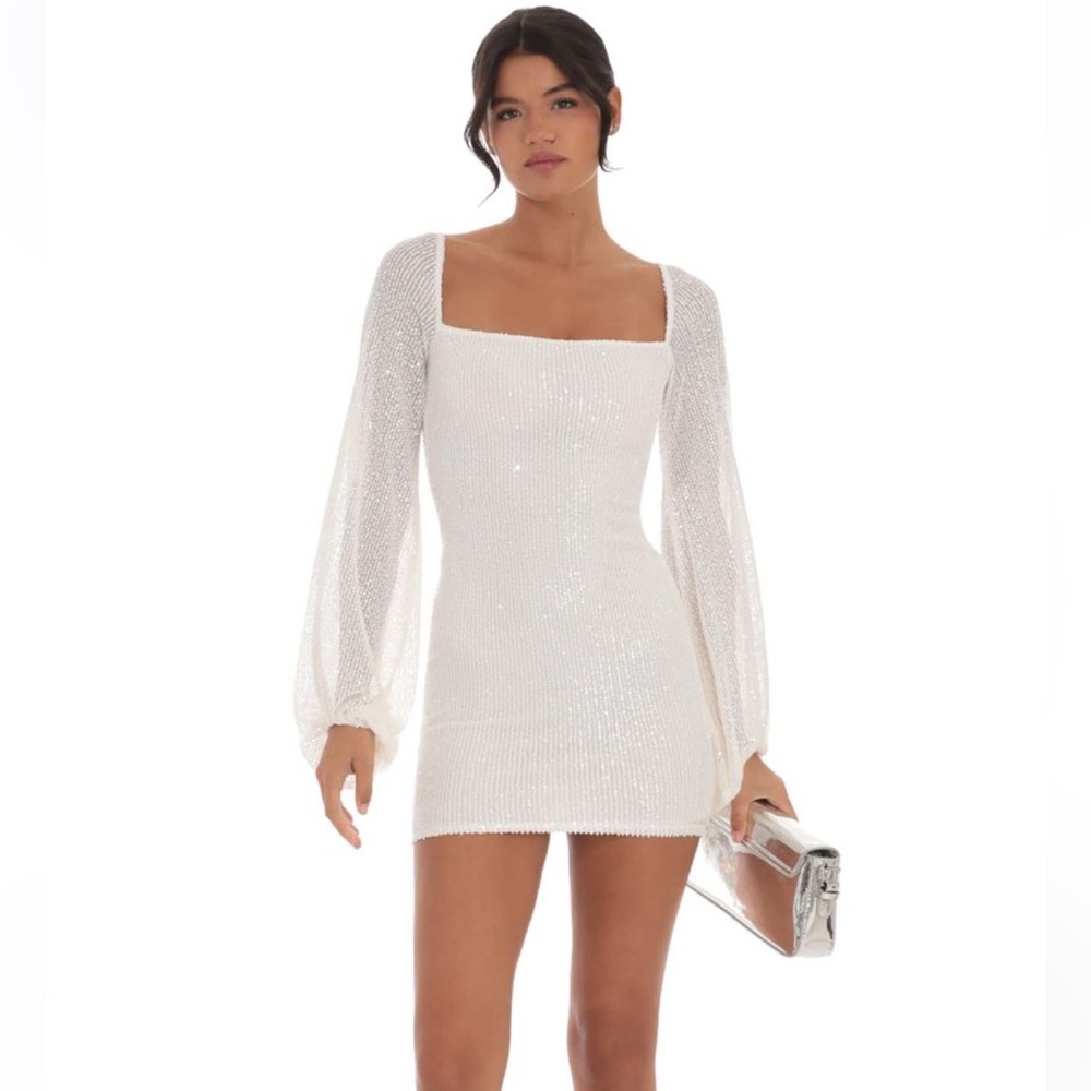 Lucy in the Sky Sequin Balloon Sleeve Dress in White